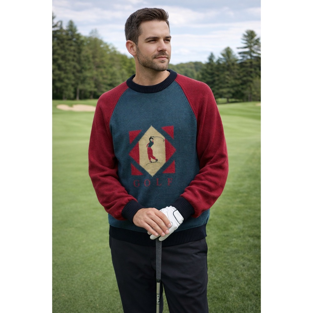 Vintage Izod Club 1992 US Open Pebble Beach Golf Sweater‎ Teal Red Mens S preppy